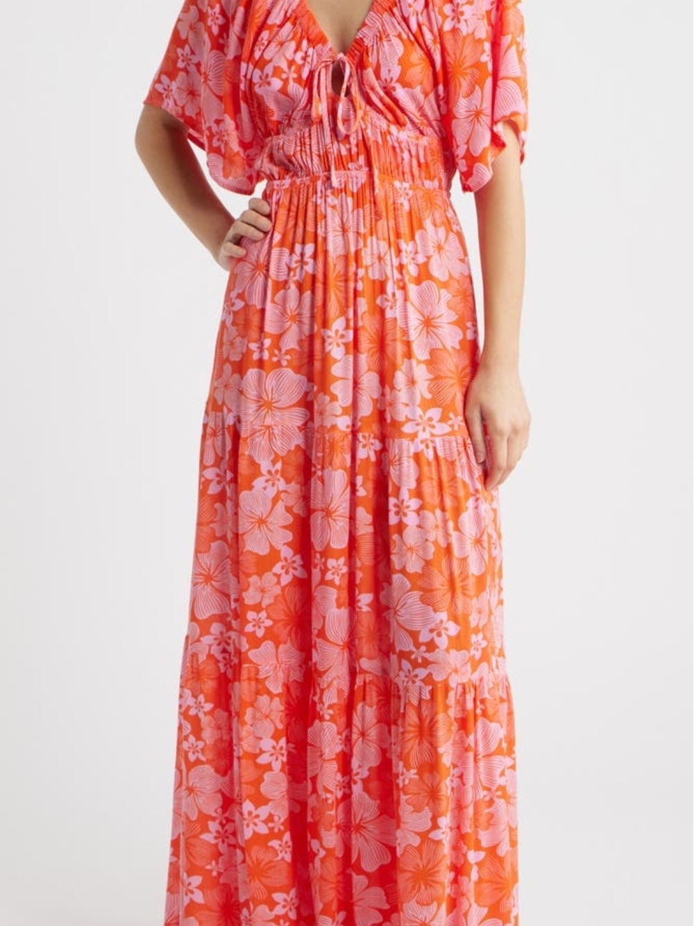 Rip Curl Coral and Pink Floral Tie-Front Maxi Dress